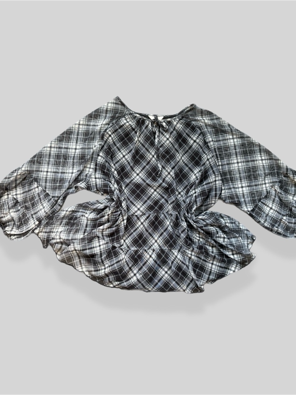 White & Black Plaid Ruffle Sleeve Tie Front Blouse | 3X